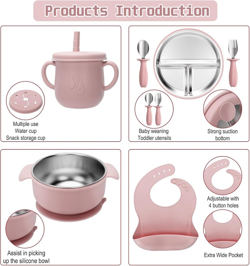 mislili Stainless Steel Kids Plates and Bowls Set with Suction, Divided Baby Plate and Toddler Bowl with Removable Silicone Suction,Stainless Steel Weaning Bundle, Silicone Baby Feeding Set (Pink) - Image 3
